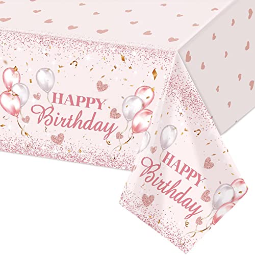 137x274cm Rosa Geburtstag Tischdecke Alles Gute zum Geburtstag Tischdecke Mädchen und Frauen Rechteck Wasserdicht Tischtuch für rosa Mottoparty Garten Picknick Babyparty Geburtstagsparty-Dekorations