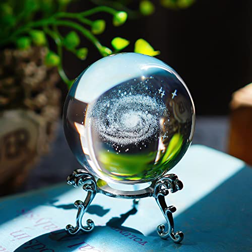 H&D Hyaline&Dora 3D Galaxie Kristallkugel Ornamente,Galaxy Ball Briefbeschwerer aus Glas mit silbernem Ständer für die Heimdekoration,Geschenk für Kind