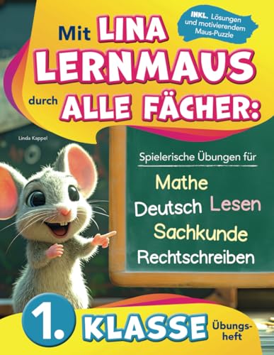 1. Klasse Übungsheft: Mit Lina Lernmaus durch alle Fächer: Spielerische Übungen für Mathe, Deutsch, Lesen, Rechtschreiben & Sachkunde inkl. Lösungen & motivierendem Maus-Puzzle