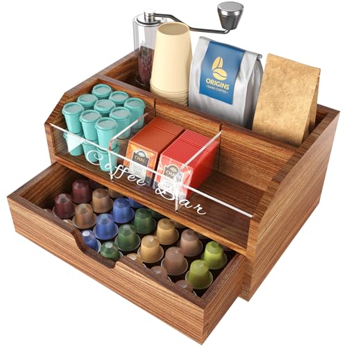 Kaffee Organizer aus Massivholz & Acryl mit Aufbewahrungsschublade – Coffee Bar Organizer mit Verstellbaren Fächern für Zuhause, Büro, Hotel, Küchenarbeitsplatte – Perfekt für Kaffee, Tee & Zucker