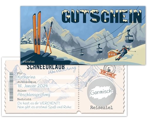 PICTALOO Reisegutschein Karte Skiurlaub - Gutschein Reise Urlaub mit Rubbelaufkleber - Gutscheinkarte Ski Wintersport Skifahren Snowboard Wandern, Geschenkverpackung Überraschung Winterurlaub (1x)