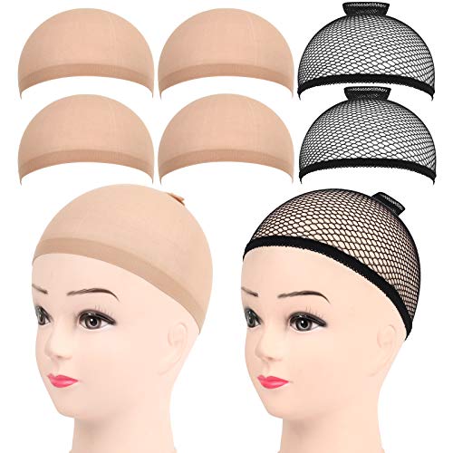 FANDAMEI 6 Stück Haarnetz Nylon Wig Cap Perücke Kappen, Perückenkappe Set Perückennetz Unterziehhaube Dehnbare Elastische Atmungsaktive 4 Nackt Beige Perückenkappen, 2 Schwarze Haarnetz