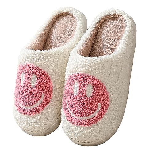 Meik Mangni Hausschuhe mit Fröhliches Gesicht Damen Herren Weicher Plüsch Hausschuhe Frauen Bequeme Warme Pantoffeln Trendiger Slipper,Rosa Gr.40-41 EU/Sohlengröße 42-43