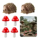 ChAusa 6 Stück Igel Deko Garten Harz, 2 Igel und 4 Pilze Mini Gartendeko, Harz Feengarten Zubehör Wasserdicht, Miniatur Tiere Igel Minipilze Deko für Draußen Figuren Miniaturen Tierfigur Ornament