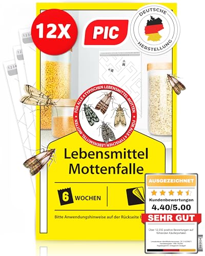 PIC Lebensmittelmotten Falle - 12 Lebensmittelmottenfallen - Mottenfalle mit Pheromon für ideale Wirkung - Mottenfalle Lebensmittel - Effektive Klebefallen zur Befallsermittlung von Lebensmittelmotten