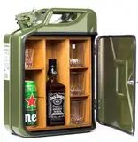 Totoll Shop 20L Kanister Bar inkl. 3 Whisky Gläser- Jerrycan 4 Herausnehmbaren Fächern Grüner Metall Mobile Bar Geburtstagsgeschenk für Männer, Abschließbarer Minibar - Größe: 36x46x18cm