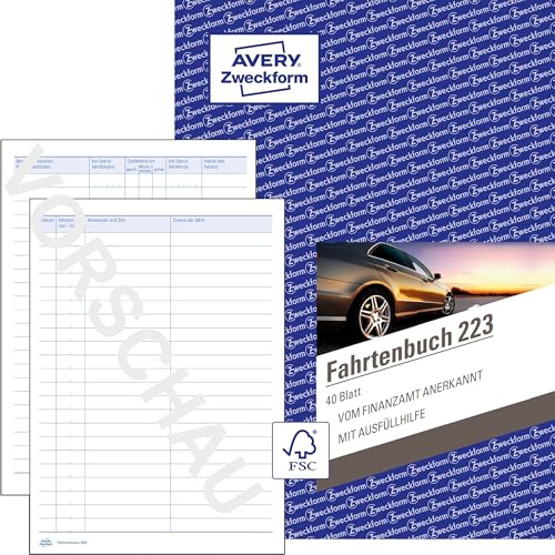 AVERY Zweckform 223 Fahrtenbuch (für PKW, vom Finanzamt anerkannt, A5, 80 Seiten|858 Fahrten, für Deutschland & Österreich zur Abgrenzung privater/geschäftlicher Fahrten)