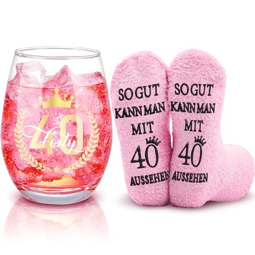 Nuenen Lustige Geschenke für Frauen zum 40. Geburtstag inklusive Weinglas mit Gravur zum 40. Geburtstag und 40. Geburtstagssocken Geschenk zum 40. Hochzeitstag Rotweingläser und Strümpfe für Damen