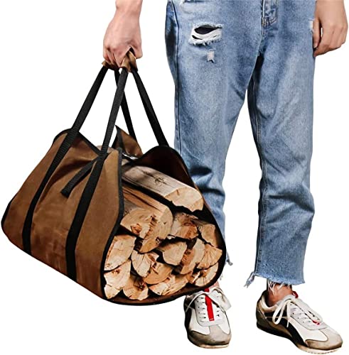 ZONSUSE Canvas Brennholz Log Tragetasche, Kaminholztasche Wasserdicht Outdoor, Kamin Brennholz Aufbewahrungstasche, Kaminofen Zubehör für Drinnen und Draußen, Lagerfeuer, Camping, Reisen (Braun)