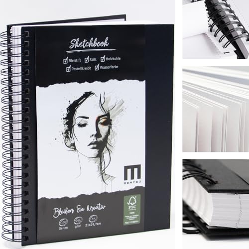 Premium Skizzenbuch DIN A4, 100 Seiten, 200 g/m² starkes Zeichenpapier - Sketchbook Malblock für Künstler & Designer - Ideal für Skizzen, Zeichnungen & Notizen - Robustes Hardcover mit Spiralbindung