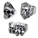 BCBF 3 Stück Retro Charm Punk Rock Schädel Herrenring Edelstahlring Bandring,Edelstahl Ring Für Männer Jungen Skull Biker Ringe, Totenkopf Ring,Edelstahl Ringe Für Herren, Siegelring