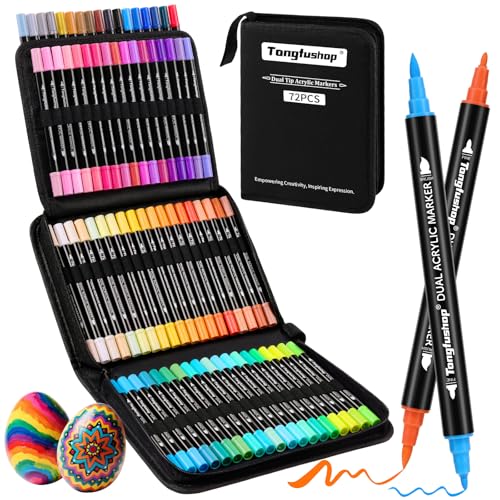 Tongfushop 72 Farben Acrylstifte Set, Doppelspitze Acrylstifte für Steine Wasserfest, Schnelltrocknende Steine Bemalen Acrylic Marker für Glas, Holz, Keramik, Leinwand, Basteln Ostern, Weihnachten.