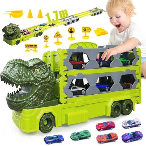 YESLUSY Transport Truck Spielzeug Autos für Jungen 3-7 Jahre: Tragbarer Dinosaurier Rennstrecken Truck mit 6 Rennwagen und 1.7M Träger LKW. Ideales Fahrzeugspielzeug Set