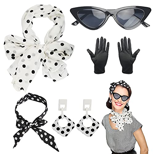 HAMOOM 5TLG Rockabilly Accessoires 50er Jahre Kleid Zubehör mit Polka Dot Chiffon Schal 60er Jahr Kleidung Set 1950s Kostüm 50er Jahre Qutfit Damen Faschingskostüm für Motoparty Retro Teily Party