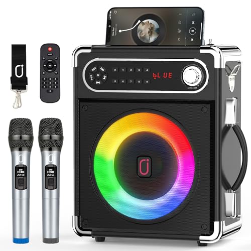 JYX Karaoke Anlage mit 2 drahtlosen Mikrofonens, Tragbares PA-System Karaoke Lautsprecher Höhen/Bass und LED-Licht, Unterstützt TWS, USB/TF/FM-Radio, Rec, Versorgung für Party,Draußen,Drinnen