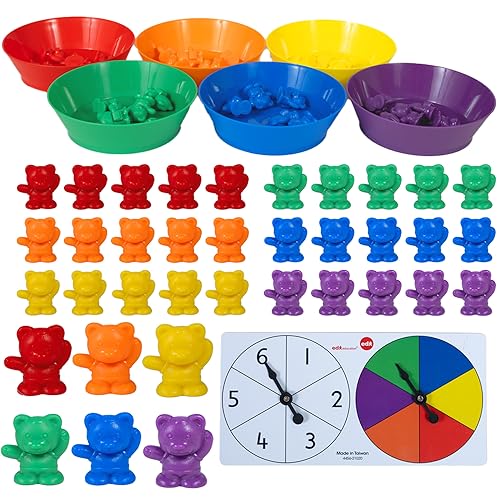 edxeducation Counting Bears mit passenden Schalen | Mathe Lernmittel | 68er Set | 60 Bärenzähler, 6 Schalen & 2 Drehscheiben | Zuhause lernen