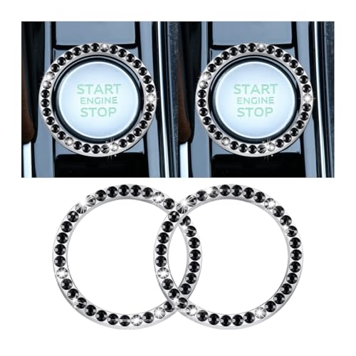 CGEAMDY 2 Stück Auto Motor Start Stop Button Ring, Universal Auto Kristall Strass Motor Starter Dekoration Ring, Auto Startknopf Dekorationsring Autoinnenraum (Einreihig/Schwarz)