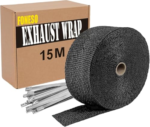 15M Hitzeschutzband Auspuff,Foneso auspuffband,Hitzeschutz Auspuff Bandage,Schwarz Hitzeschutzband mit 12 Kabelbinder Edelstahl,für Motorrad Fächerkrümmer Thermoband Krümmerband