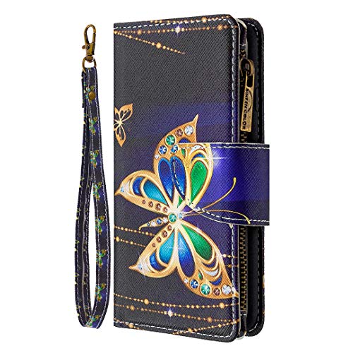 Nadoli Reißverschluss Brieftasche Etui für Samsung Galaxy A22 5G,Bunt 9 Karte Halter Pu Leder Diamant Schmetterling Entwurf Lanyard Magnetisch Standfunktion Schutzhülle