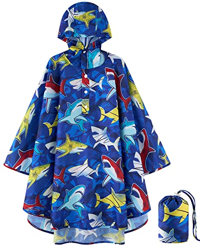 WAWSAM Leichter Regenponcho für Kinder Wiederverwendbare Regenjacke mit Kapuze für Jungen Wasserdichte Regencape für Kleinkinder Cartoon Regenponcho mit Hai-Muster