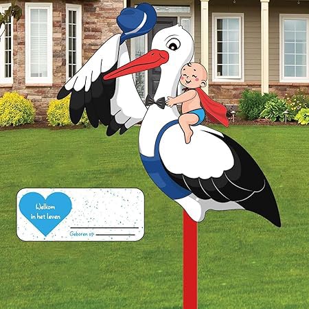 Klapperstorch Set zur Geburt Baby,81cm hoch Babystorch,Großer niedliche Holz Klapperstorch für Baby Junge Geschenk,Beidseitig Bedruckt,Geburtsstorch inkl,Holzstab+ Namensschild Grußkarte