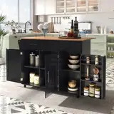 DRIXNO Kücheninsel Freistehend mit Klappbarer Arbeitsplatte Küchenschrank Küchenwagen auf 5 Rollen, mit Ablage und 2 Schubladen, Schwarz Für Esszimmer 129 * 71 * 91.5cm