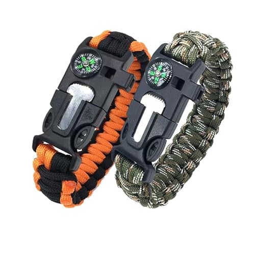 Survival-Paracord-Armband, verstellbare 550 Paracord-Armbänder, Kompass, Wanderausrüstung, Feuerstarter, Notfallpfeife, Taktische Überlebensausrüstung, Rucksackausrüstung (2 Stück)