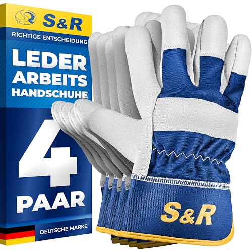 S&R Leder-Arbeitshandschuhe, 4 Paar, Größe XXL/11, Bau- und Gartenhandschuhe auch für Metall- und Forstarbeiten, Handwerk, Schutz-Handschuh flexibles Echtleder, weiches Innenfutter