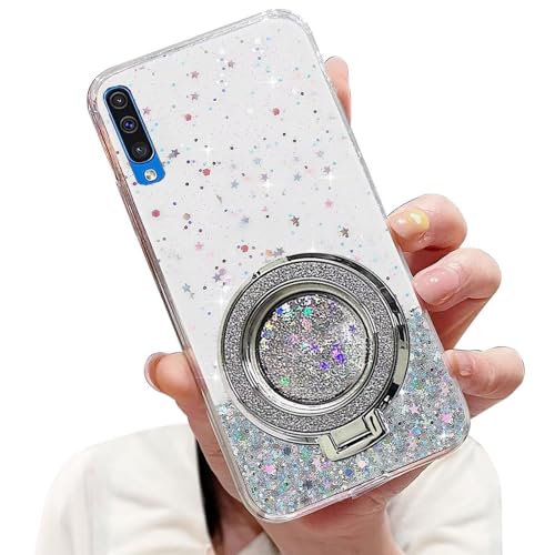 Tivenfezk Nadoli Sparkle Treibsand Ständer Hülle für Samsung Galaxy A70,Versteckt Ständer Ring Klar Glitzer Stern Handyhülle Durchsichtig Bling Schutzhülle Case Cover,Klar