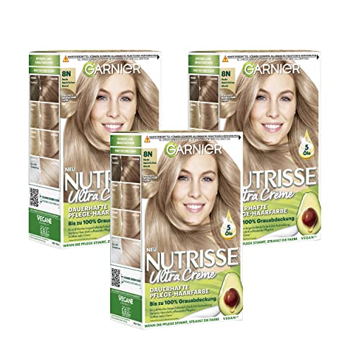 Garnier Nutrisse Dauerhafte Pflege-Haarfarbe mit nährenden Fruchtölen, Coloration mit 8 Wochen Halt, Ultra Crème Tönung, 8N Nude Natürliches Blond