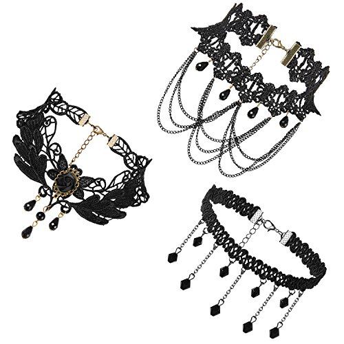 JewelryWe Schmuck 3 PCS Choker Halsband Halskette Set Schwarz Stretch Samt Classic Gothic Quasten Tattoo Spitze Choker Halsketten Ketten für Damen Mädchen