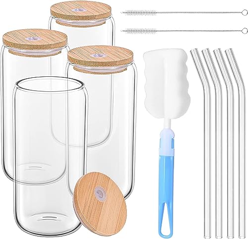 Revivoer Cocktailgläser Gläser Set, 4PCS 500ml Iced Coffee Glass in Dosenform, Trinkbecher mit Deckel Ideal für Eiskaffee und Cocktails Longdrinkglas Eiskaffee Gläser Glas Set