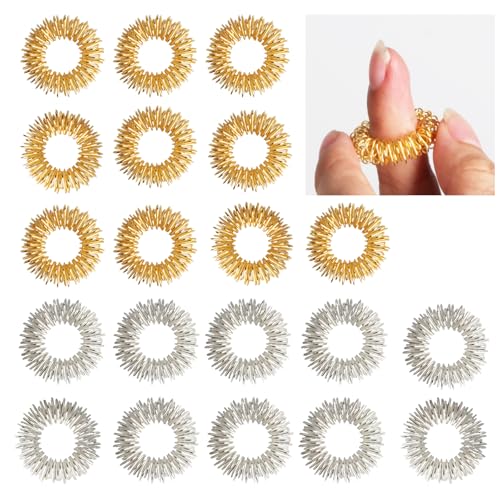 20 Stück Finger Massageringe (20 Ringe), Akupressur Ringset für Jugendliche, Erwachsene, Stressreduzierer und Finger Handgelenk Massagegerät - Gold, Silber (20)