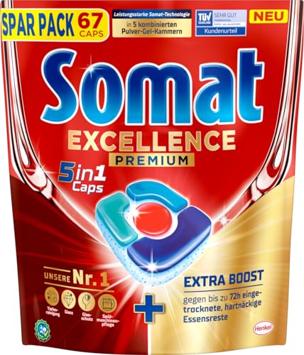 Somat Excellence Premium 5in1 Caps (67 Caps), schnellauflösende Spülmaschinentabs mit Extra Boost, Somat Caps entfernen selbst 72 h eingetrocknete, hartnäckige Essensreste