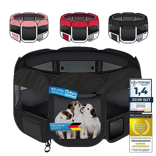 all Pets United® Welpen-Laufstall Tierlaufstall Welpenauslauf-Stall; XXL Freigehege für Hunde, Katzen, Hasen & Kleintiere im Innen- und Außenbereich (Schwarz)