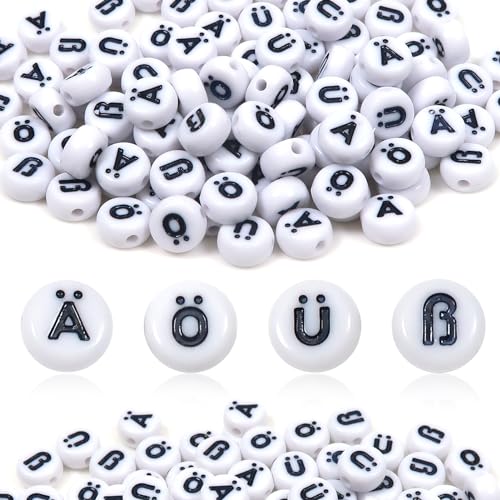 TOAOB 100 Stück 4x7mm Buchstabenperlen Vokale Schwarz Buchstabenperlen Ä Ö Ü ß Rund Acryl Spacer Perlen für Schmuckherstellung