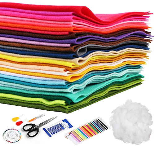 Homewit 30 Farben Filzstoff Super Weich, 40 * 30cm Bastelfilz Farbig Filz Blätter, Kinder Vliesstoff Stoff Filzplatten, Polyester Felt Fabric Filzplatten Mit 7pcs Nähzubehör und 50g Füllmaterial