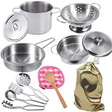 GOLCUGYJH Edelstahl Pretending Cooking Utensils Kochgeschirr Set, Mini Play Kitchen Zubehör, Spielen Töpfe und Pfannen Spielzeug in einem goldenen Stoffbeutel für Kinder Kleinkinder verpackt