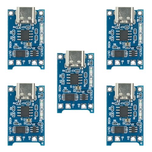 TP4056 USB C Modul Ladegerät 18650 USB 5 V 1 A LiPo Akku 3,7 V mit Kurzschlussschutz und Tiefentladung (5 Stück USB Typ C)