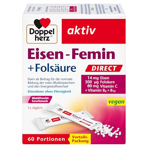 Doppelherz Eisen-Femin DIRECT mit Vitamin C + B6 + B12 + Folsäure - 14 mg Eisen für die normale Bildung von roten Blutkörperchen - 60 Portionen Micro-Pellets