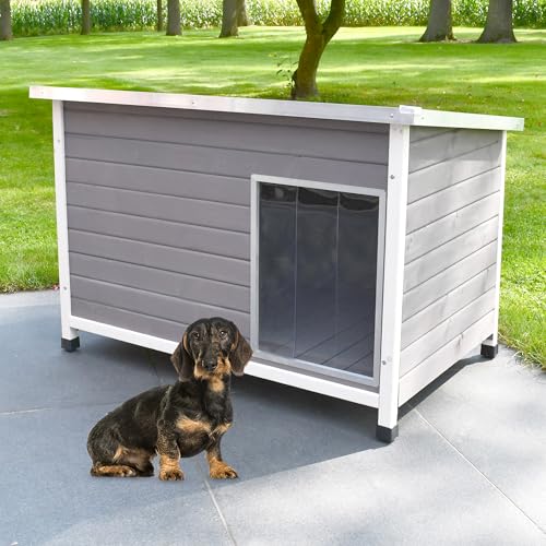 zooprinz Exklusive Hundehütte Jacky – aus wetterfestem & massivem Holz mit Metallrahmen, Dach zum Öffnen, Lamellentür & Kunststofffüßen – Hundehütte für Indoor und Outdoor (Hellgrau, M)