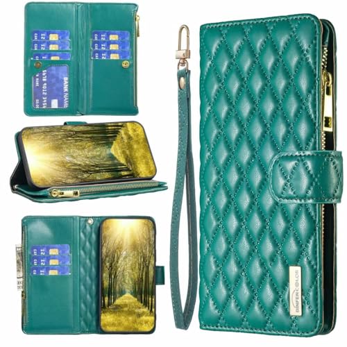 Rnrieyta Miagon für Oppo A79 5G Reißverschluss Hülle,Rhombus Brieftasche Geldbörse Handtasche Armband Flip Magnetisch 9 Kartenhalter Ständer PU Leder Cover