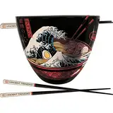 Vincent Trinidad Ramen Set mit Schüssel und Essstäbchen (Great Wave Design) 510ml Keramikschüssel & ein Paar lackierte Holzstäbchen - Offizielles Lizenzprodukt, Rot