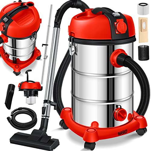 MASKO® Industriestaubsauger Staubsauger Nass Trocken Sauger Edelstahl 2300W + Steckdose | Blasfunktion | Trocken-Saugen & Nass-Saugen | Push&Clean | Industrie-Sauger mit & ohne Beutel | beutellos