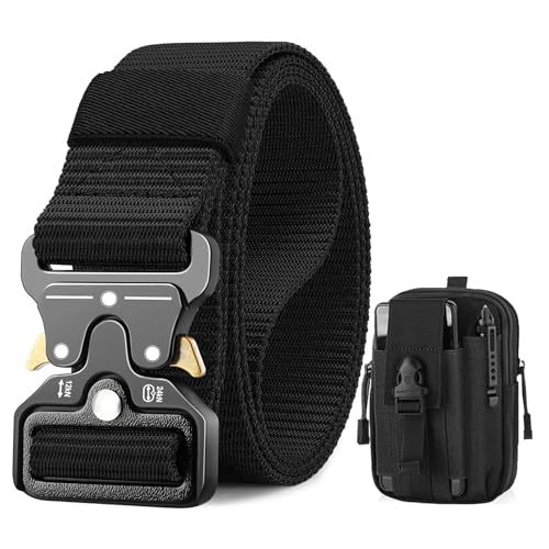 BESTKEE Taktischer Gürtel, 3,8 cm Militär Arbeitsgürtel, Schwerlast Nylon Schwarz Gürtel mit Schnellverschluss-Metallschnalle, Geschenk mit Taktischem Molle-Beutel für Outdoor Jagen
