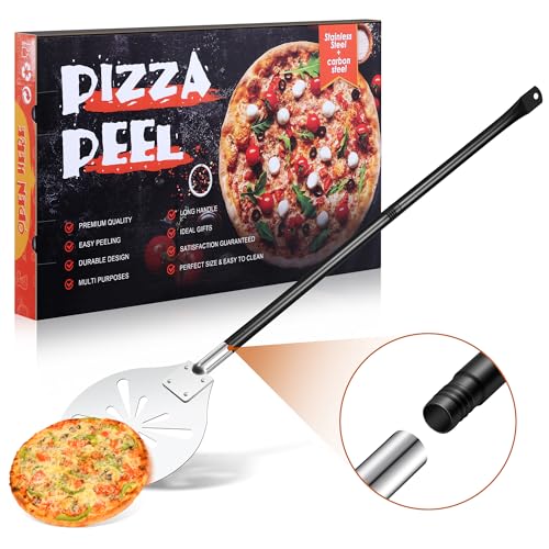 TEAMFAR Perforierter Pizzaschieber, 17,8 x 19,8 x 107 cm Rund Edelstahl Pizza Schieber mit Abnehmbaren Griff zum Leichten Gleiten auf Pizzastein, Pizzaschaufel für Grill Pizzaofen, Spülmaschinenfest