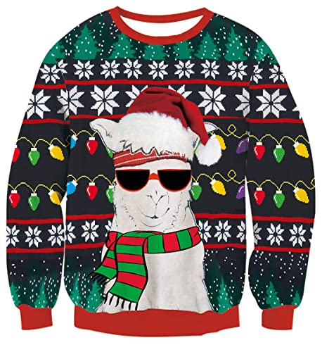 Belovecol Herren Christmas Sweater Lustige 3D Alpaka Printed Crewneck Langarm Hässliche Damen Pullover Sweatshirt für Weihnachten L