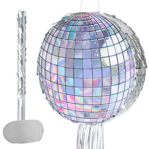 WERNNSAI Discokugel Piñata – 80er 90er Spiegel Rollschuh Disko Piñata mit Schlagstock Augenbinde Disco Geburtstagsparty Dekoration für Kinder Disco Piñata mit Zugschnur Geburtstagsparty Zubehör