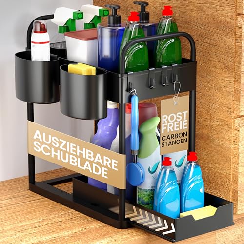 HELDENWERK Unter Waschbecken Regal für Spülenunterschrank mit 2 Etagen in schwarz I Küchen Organizer Unterschrank Gewürzregal I Waschbeckenunterschrank Organizer, Spülschrank