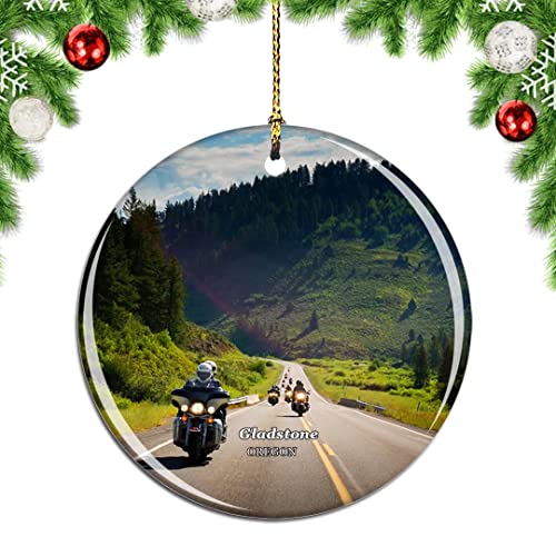Weekino Gladstone Eaglerider Motorradverleih Oregon USA Weihnachtsbaum Ornament Dekoration Hängende Anhänger Dekor Stadt Reise Souvenir Kollektion Doppelseitiges Porzellan 7,1 cm